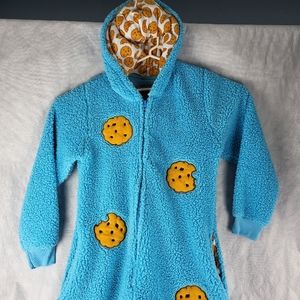 Adult Sesame Street Cookie Monster Pajama Costume 1pc S/M Blue Fleece Zip Hooded